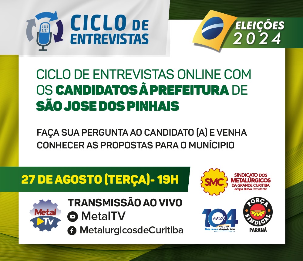 ELEIÇÕES SÃO JOSÉ DOS PINHAIS: SMC REALIZA CICLO DE ENTREVISTAS ONLINE COM CANDIDATOS A PREFEITURA NO DIA 27 DE AGOSTO. FAÇA SUA PERGUNTA AO CANDIDATO